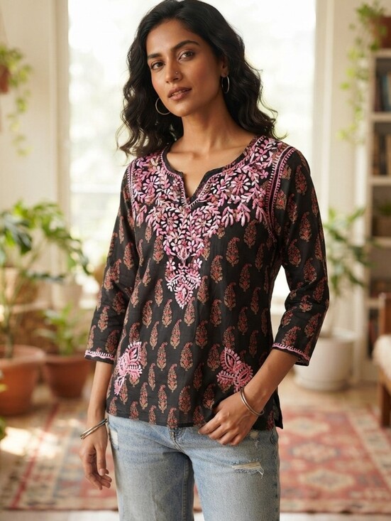 no brand Tops - Hand Embroidered Lucknowi Chikankari Black & Pink Floral Paisley Tunic Top